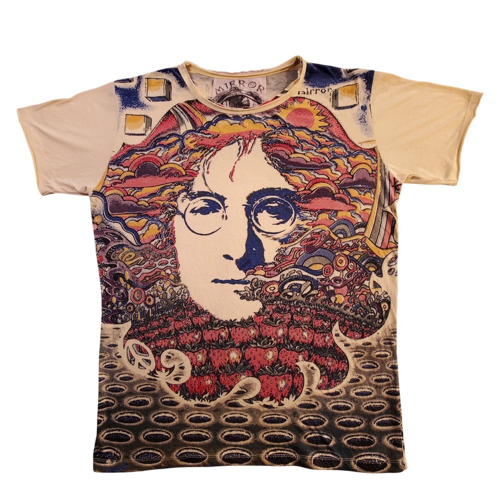 Mirror John Lennon Psychedelic Graphic T-Shirt Mens Large Cream All Over Print